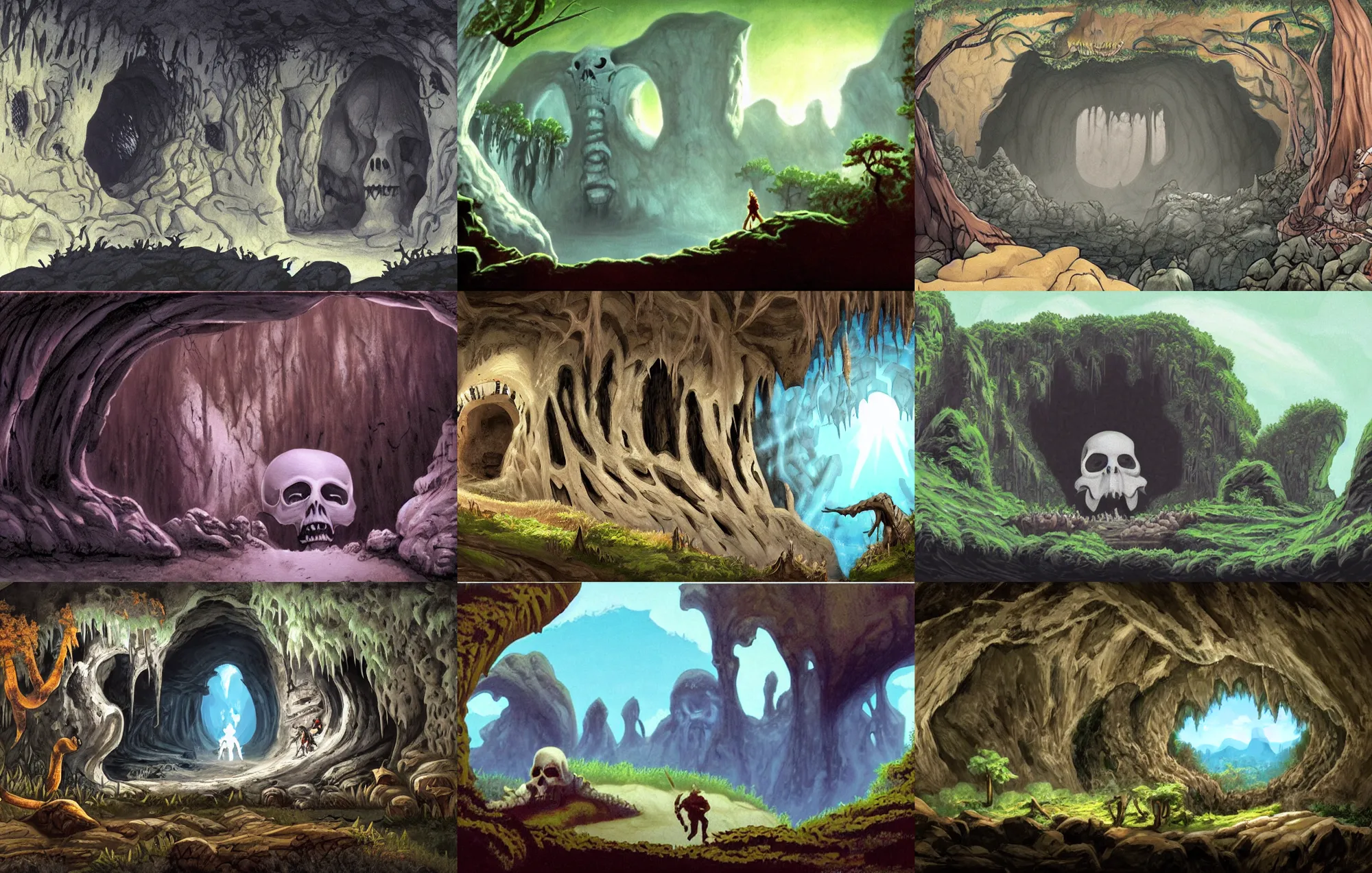 Prompt: a large cave entrance in the mouth of a giant white skull built into the side of a cliff next to a dark forest, from a fantasy point and click 2 d graphic adventure game, art inspired by john shroades, king's quest, sierra entertainment games, landscape painting