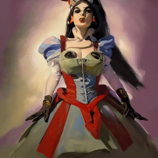 Image similar to greg manchess portrait painting of partially armored alice from alice in wonderland as overwatch character, medium shot, asymmetrical, profile picture, organic painting, sunny day, matte painting, bold shapes, hard edges, street art, trending on artstation, by huang guangjian, gil elvgren, ruan jia, randy vargas, greg rutkowski