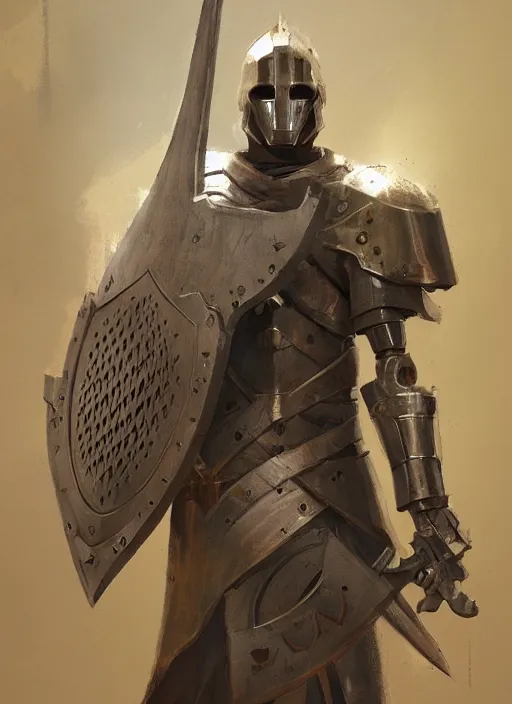 Image similar to portrait of a warforged character holding a paladin engraved longsword and carrying a big shield, concept art, by Greg Rutkowski