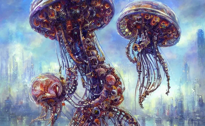 Image similar to Cyborg biomechanical jellyfish city. By Konstantin Razumov, highly detailded