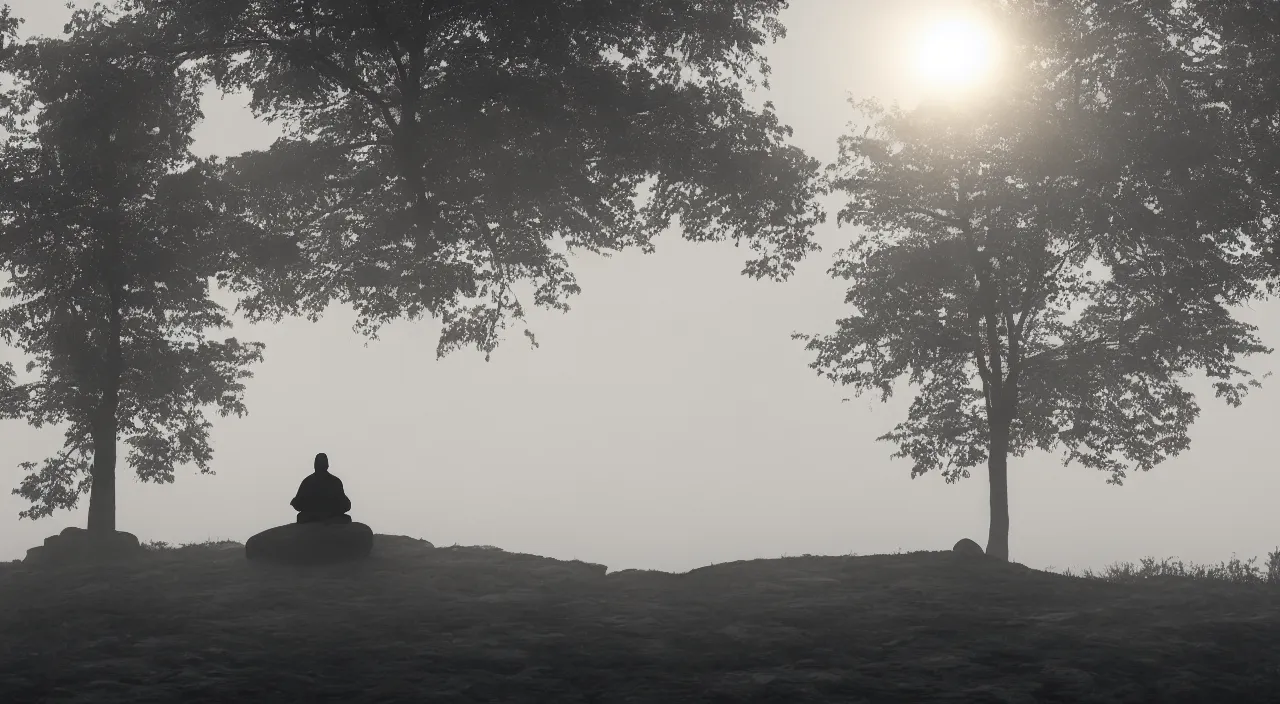 Image similar to a lonely silhouette of a meditating monk sitting in the fog on a stone protruding from the water in the rays of the morning sun, in the style of isaac levitan, 8 k resolution,