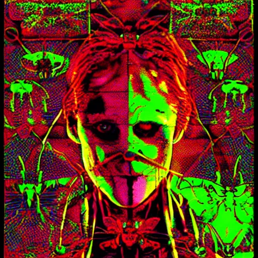 Prompt: plague of insects insect plague 🪰🪰🪰🪰🪰🪰🪰🪰🪰🪰🪰🪰🪰 bugs psychoactive 🪰. Silence of the lambs movie poster. radioactive. pixel glitching. cool hack cyberpunk. 🪰🪰🪰🪰🪰. psychadelic rainbow colors. superglitch. wallhack