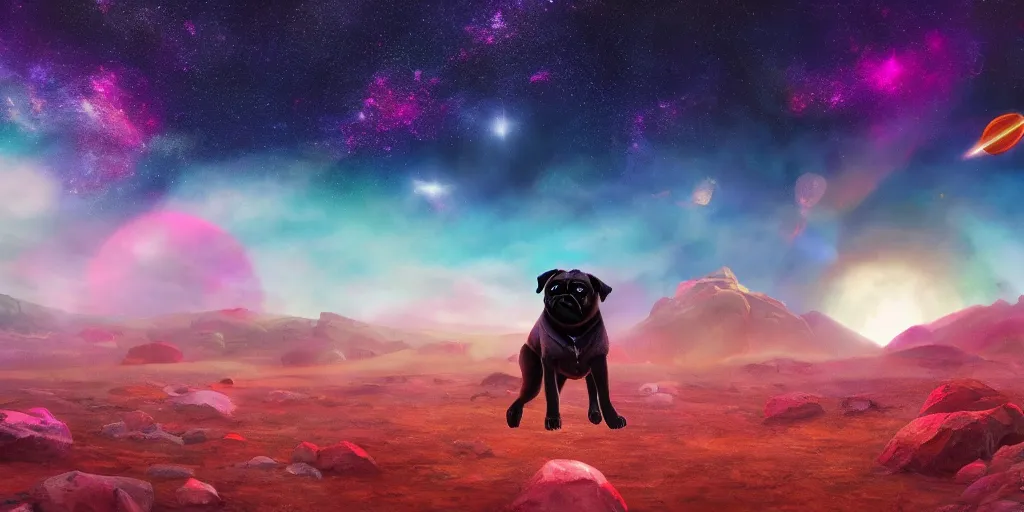 Prompt: giant pug walking on a planet, beautiful background, brightly colored, still, photograph, trending on artstation, dynamic lighting, cinematic, highly detailed, sharp focus, space, universe, stars