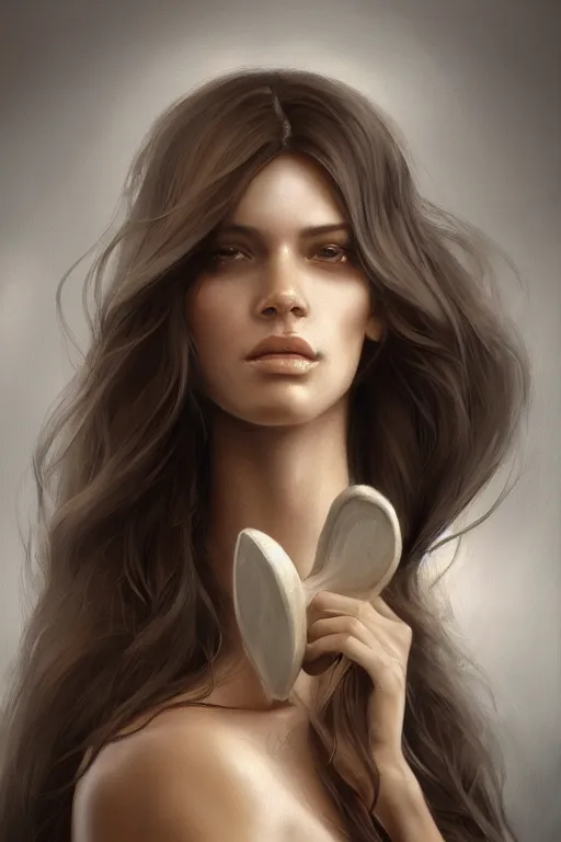 Image similar to Portrait of a Beautiful supermodel with a beautiful bone structure, long hair, olive skin, brown eyes, elegant, digital painting, highly detailed, artstation, concept art, smooth, sharp focus, illustration, art by artgerm and greg rutkowski.