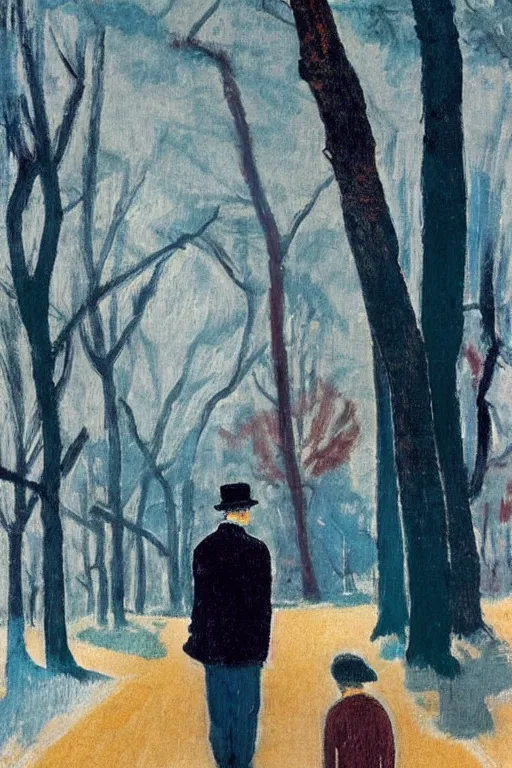 Prompt: a very tall man with dark hair holding the hands of a short young boy as they walk in a park on a bright beautiful winter day. part in the style of an edgar degas painting. part in the style of david hockney. triadic color scheme