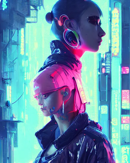 Image similar to detailed portrait Neon Operator Girl cyberpunk futuristic neon Reflective puffy coat, decorated with traditional japanese ornaments by ismail inceoglu dragan bibin hans thoma greg rutkowski Alexandros Pyromallis Nekro Rene Margitte illustrated Perfect face, fine details, realistic shaded, fine-face, pretty face