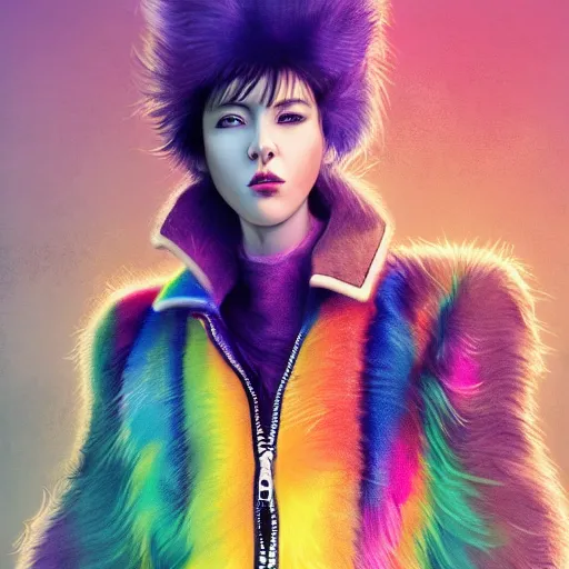 Image similar to wide angle full body, jacket wearing fluffy cute rainbow kitten wearing a black leather motorcycle jacket, cinematic concept art