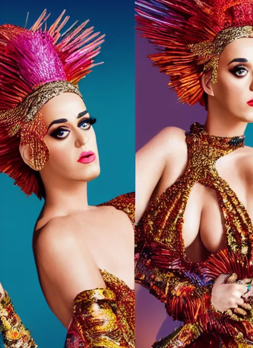 Image similar to katy perry styled by nick knight posing, full body shot, intricate headpiece, vogue magazine, canon, highly realistic. high resolution. highly detailed. dramatic. 8 k. 4 k.