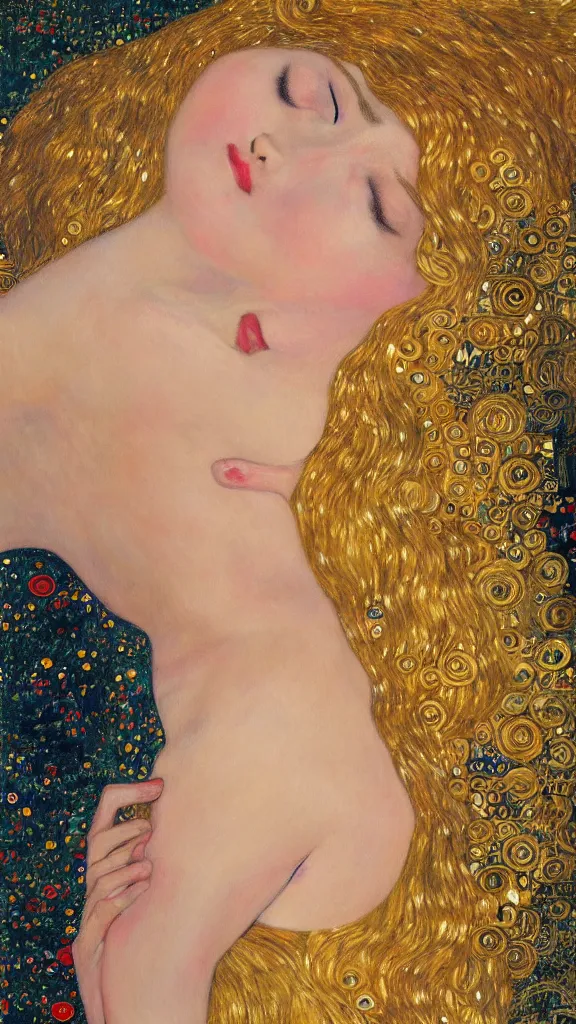 Image similar to a soft and breathtaking detailed painting of a full body sleeping blonde princess in the style of gustav klimt, blonde hair, shiny gold, elegant, highly detailed, artstation, fluo colors, concept art, matte, sharp focus, art by gustav klimt