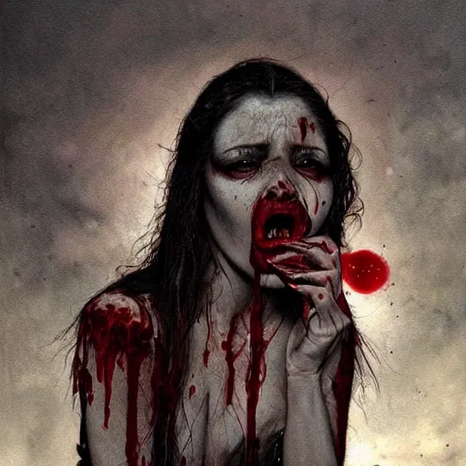 Image similar to a hyperrealistic portrait painting of a beautiful female vampire, blood dripping from her mouth, standing in the moonlight, by santiago caruso, highly detailed,