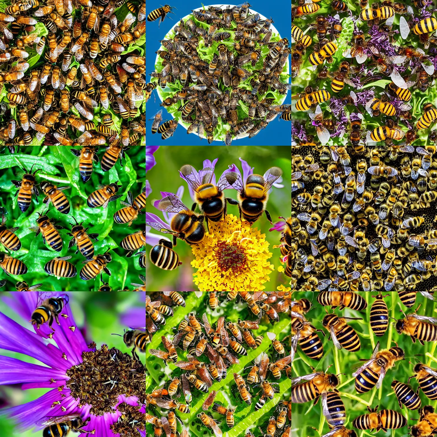 Prompt: 8 k photograph of bees flying over salad