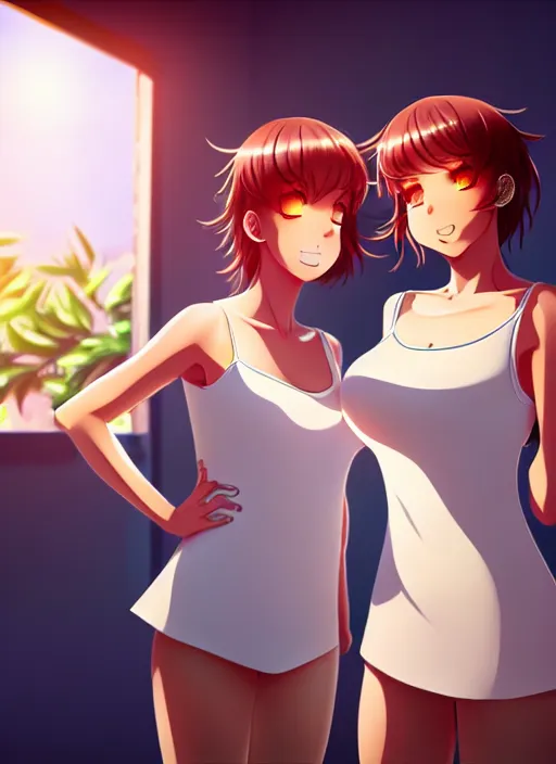 Image similar to two beautiful mothers in a summer home, gorgeous faces, thick lines, cinematic lighting, detailed anime art