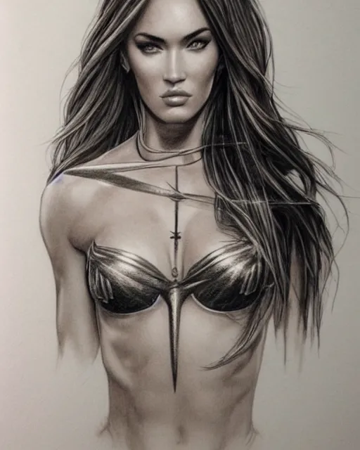 Image similar to pencil drawing of beautiful megan fox as greek goddess aphrodite, archer warrior, sagittarius tattoo, beautiful piercing eyes, flowing blonde hair, realistic face, hyper realistic, in the style of greg rutkowski, fantasy, amazing detail, epic, intricate, elegant, smooth, sharp focus