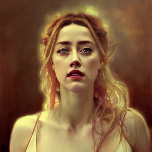 Image similar to hyperrealist portrait of a woman as amber heard winning the trial at court by jeremy mann and alphonse mucha, fantasy art, photo realistic, dynamic lighting, artstation, poster, volumetric lighting, very detailed faces, 4 k, award winning