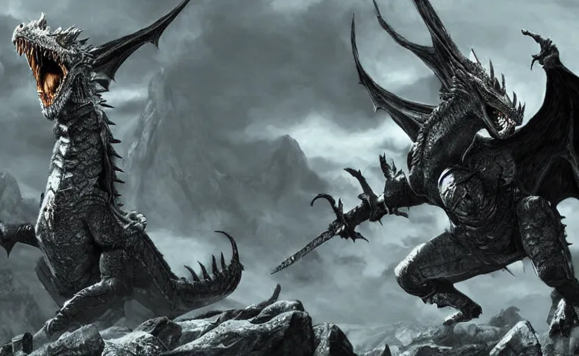 Prompt: joe biden fighting a dragon in skyrim, a photorealistic painting