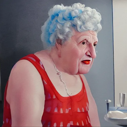 Image similar to a very funny fellini cinematic style. of a sweet fat old woman kissing her reflection. symmetrical face, red mouth, blue eyes. a flowered dress. a hyper - realistic scene. 3 d, octane processing, deep focus, white scene. a very funny and sweet scene. unreal engine. watercolor. freud painting style