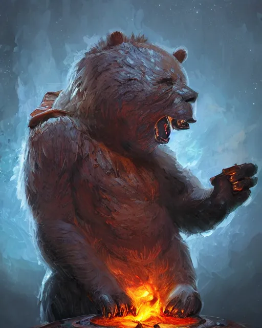 Prompt: Laughing Bear Musician, Fireplace, magic the gathering artwork, D&D, fantasy, cinematic lighting, centered, symmetrical, highly detailed, digital painting, artstation, concept art, smooth, sharp focus, illustration, volumetric lighting, epic Composition, 8k, art by Akihiko Yoshida and Greg Rutkowski and Craig Mullins, oil painting, cgsociety