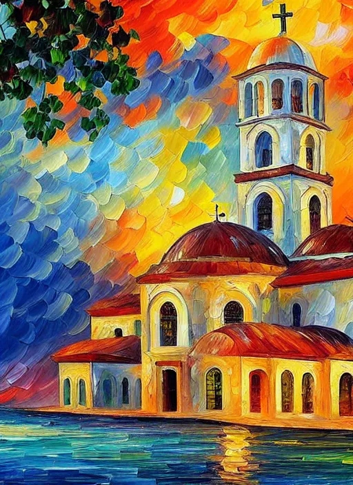 Image similar to beautiful seaside greek church and village at sunset in the style of leonid afremov