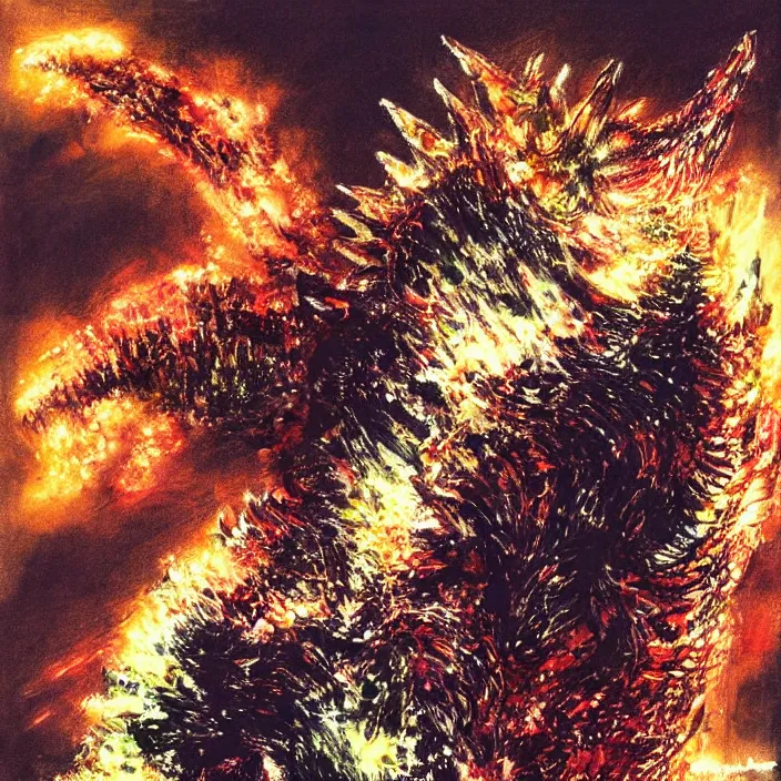 Image similar to godzilla _ painting, glowing lights by greg ruthowski yoshikata amano _ yoji _ shinkawa _ alphonse _ murac _ collaborative _ artwork _ beautifully _ drawn