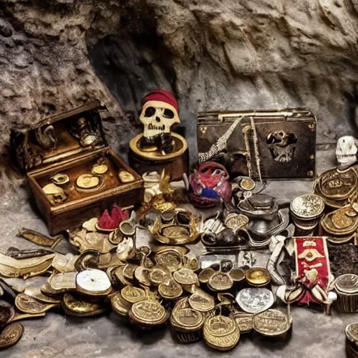 Prompt: a pirate's treasure hoard, hidden in a cave