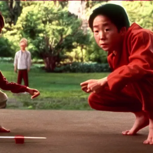 Image similar to miyagi from karate kid teaching daniel how to catch a frog with chopstick, cinematic, photo, still frame