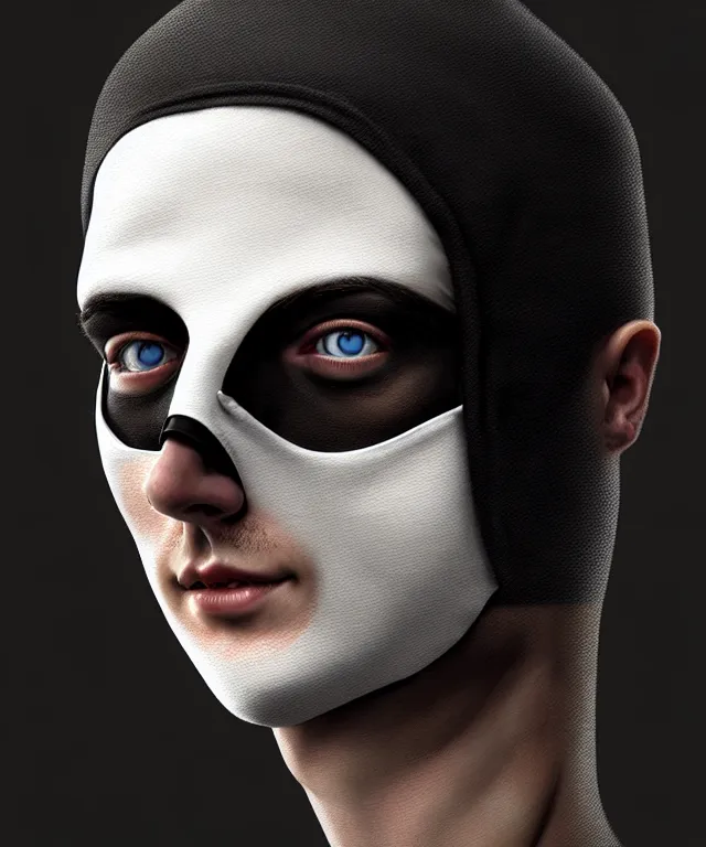 Image similar to white man with black fabric medical mask, short dark hair, highly detailed face!!!, true anatomy!, extremely detailed!, digital painting, unreal engine 5, art by tom bagshaw