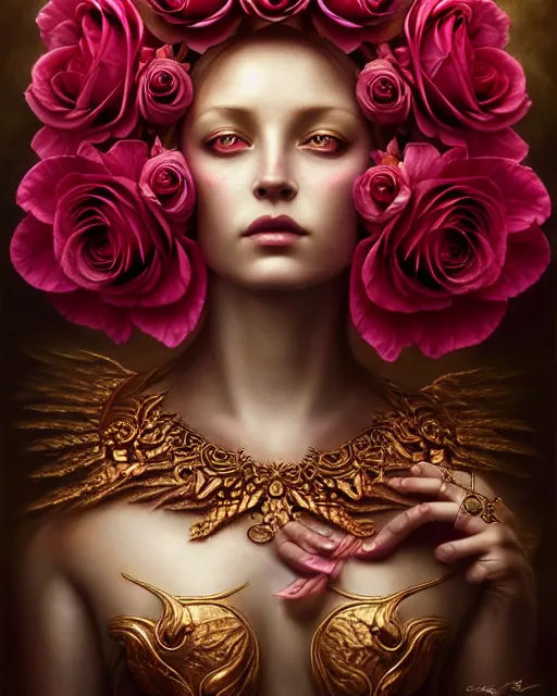 Image similar to portrait of a beautiful rose goddess, unusual beauty, esoteric, outher worldly colours, head in focus, fantasy art, ornamental rose aesthetics,, intricate, elegant, highly detailed hyperrealistic painting, artstation, concept art, painterly, golden ratio, sharp focus, illustration, art by tomasz alen kopera