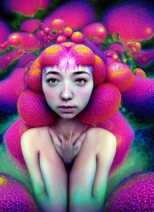 Image similar to hyper detailed 3d render like a Oil painting - kawaii Aurora (Singer) seen Eating of the Strangling network of yellowcake aerochrome and milky Fruit and Her delicate Hands hold of gossamer polyp blossoms bring iridescent fungal flowers whose spores black the foolish stars by Jacek Yerka, Mariusz Lewandowski, Houdini algorithmic generative render, Abstract brush strokes, Masterpiece, Edward Hopper and James Gilleard, Zdzislaw Beksinski, Mark Ryden, Wolfgang Lettl, hints of Yayoi Kasuma, octane render, 8k