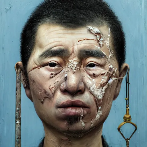 Image similar to photorealistic face portrait of chinese uyghur muslim prisoner, paint, wearing victorian rags, elite, disfigured, drooling, moist, unnatural movement, they are unhappy, bizzaro, renaissance, by emedios varo and anato finnstark and fenghua zhong and giacometti, hyperrealism, 8 k, 3 d, masterpiece, texture