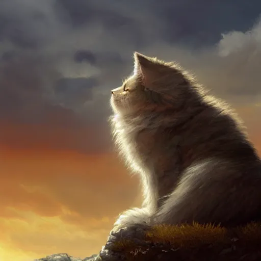 Prompt: epic portrait an lonely fluffy cat sitting alone on a mountain during sunset, back profile, digital painting, artstation, concept art, soft light, hdri, smooth, sharp focus, illustration, fantasy, intricate, elegant, highly detailed, D&D, matte painting, in the style of Greg Rutkowski and Alphonse Mucha and artemisia, 8k, highly detailed, jurgens, rutkowski, bouguereau, pastoral, rustic, georgic, detailed concept art, illustration, colorful pastel, painting, detail, ultra detailed, digital art, 4K,