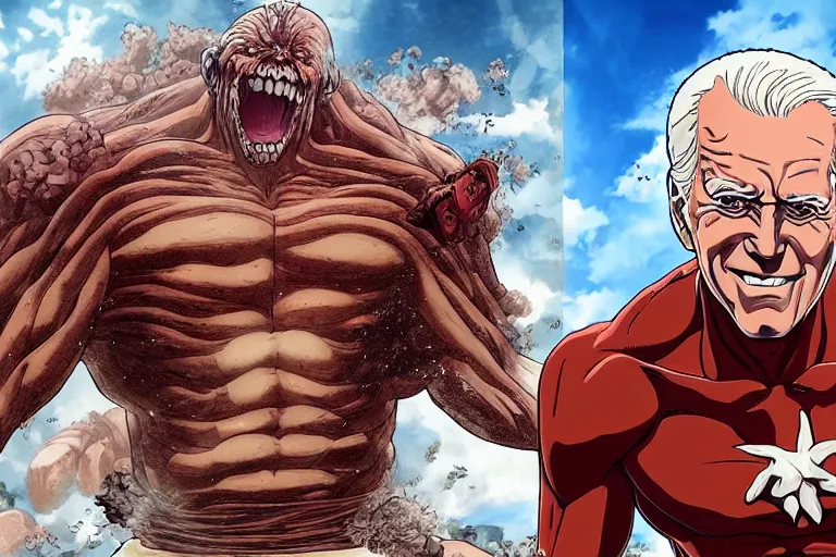 Prompt: joe biden, as the colossal titan, kicking a florida mansion, attack on titan, anime key visual, wit studio official media, beachfront mansion, huge smashed mansion, giant kicking foot, smoke and rubble