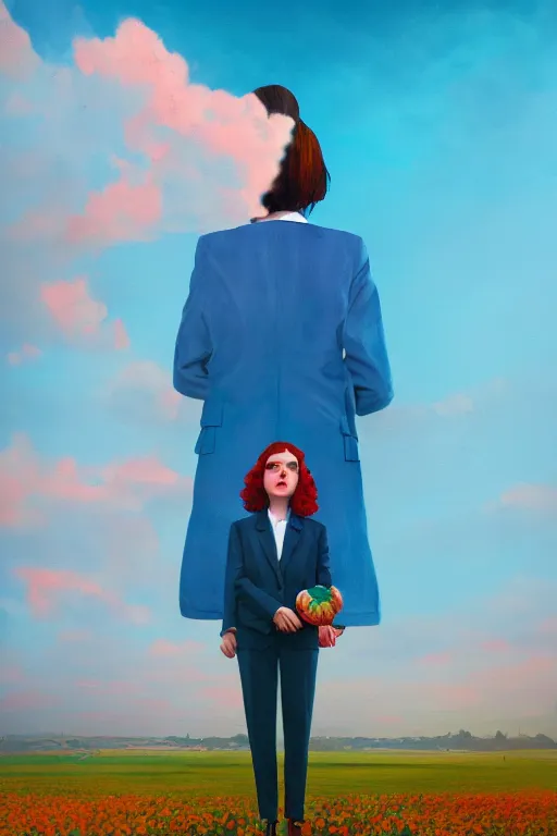 Image similar to closeup giant dahlia flower head, girl in a suit, street, surreal photography, blue sky, sunrise, dramatic light, impressionist painting, digital painting, artstation, simon stalenhag