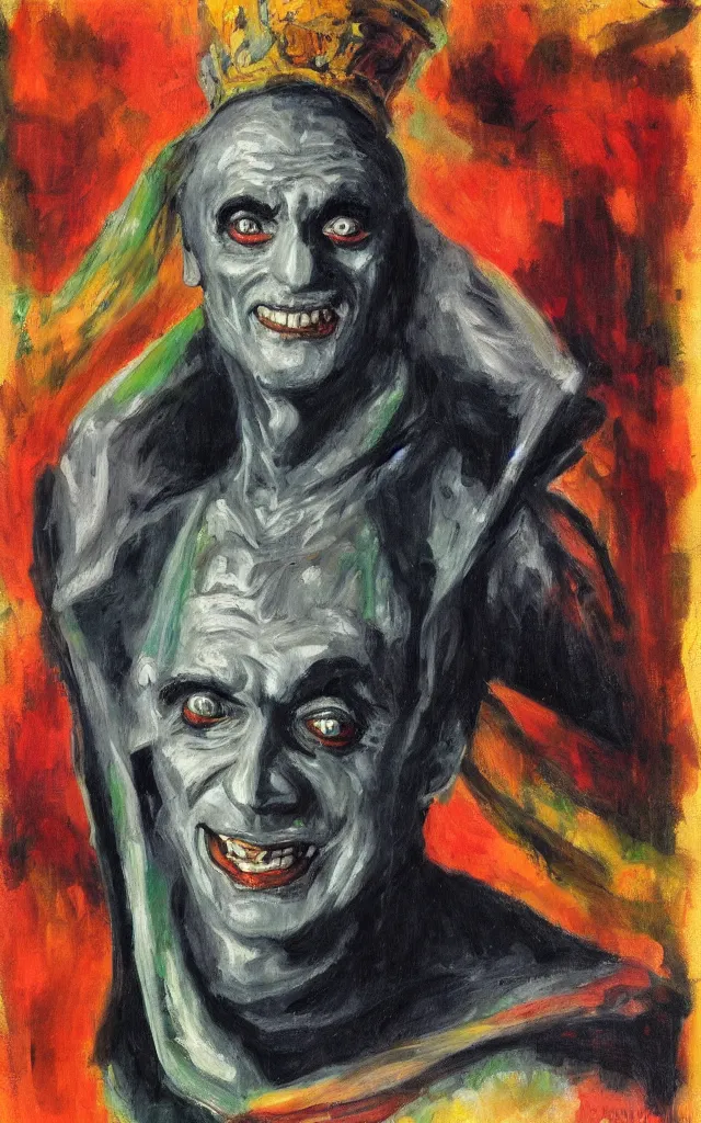 Image similar to portrait of conrad veidt as gwynplaine freakish grin, award winning oil painting, sharp color palette