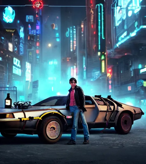 Image similar to marty mcfly standing besides a steampunk delorean in a cyberpunk city, neon signs, futuristic, realistic, 8 k, extremely detailed, cgi, trending on artstation, hyper - realistic render, 4 k hd wallpaper, premium prints available, by greg rutkowski, esuthio, craig mullins, dystopian scifi gear, gloomy