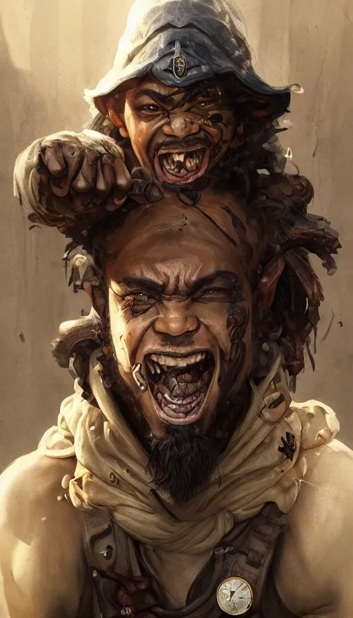 Image similar to underground stree thug, man, grills, vitiligo, energetic, laughing, fit, warhammer, lord of the rings, sweaty, intricate, highly detailed, digital painting, artstation, concept art, smooth, sharp focus, illustration, unreal engine 5, 8 k, art by artgerm and greg rutkowski and alphonse mucha