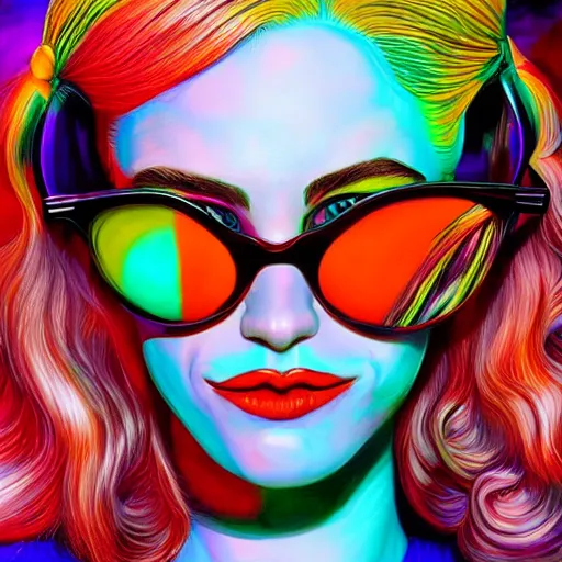 Prompt: An extremely psychedelic portrait of Harley Quinn wearing sunglasses, surreal, LSD, face, detailed, intricate, elegant, lithe, highly detailed, digital painting, artstation, concept art, smooth, sharp focus, illustration