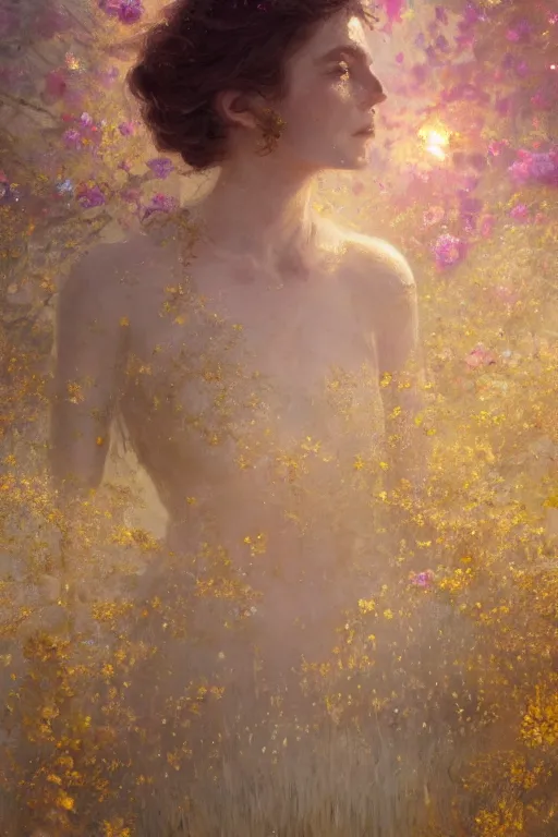 Image similar to a stunning elegant girl made of flowers and golden silks. ethereal horror fantasy art by greg rutkowski and magali villanueve and monet, concept art, smooth, cinematic lighting, 8 k resolution