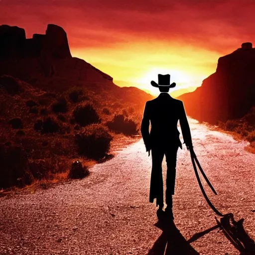 Prompt: abraham lincoln stars in a gunslinger spaghetti western, movie still, dramatic lighting, sunset