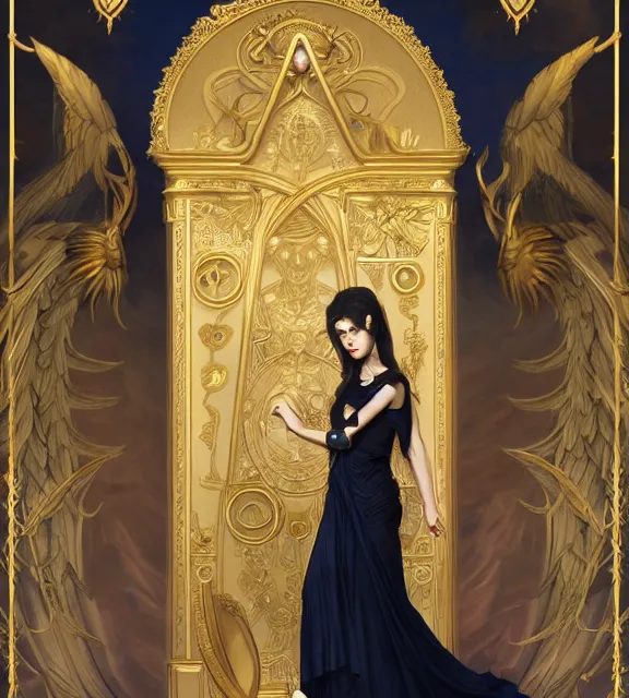 Image similar to god of death, young male, in the underworld, elegant dark blue dress, very detailed, throne, very intricate details, jewelry, gold eyeshadow, elaborate long black hairstyle, wings, cinematic, artstation, william bouguereau, alphonse mucha, greg rutkowski, rossdraws, octane render