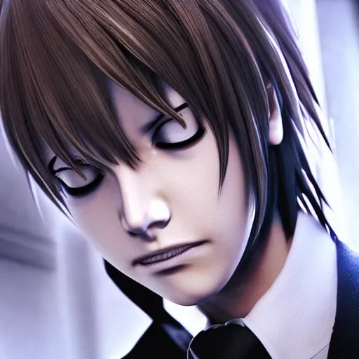 Prompt: yagami light ( kira ) from death note, 8 k, full hd, huper realistic, octane render, unreal engine 5
