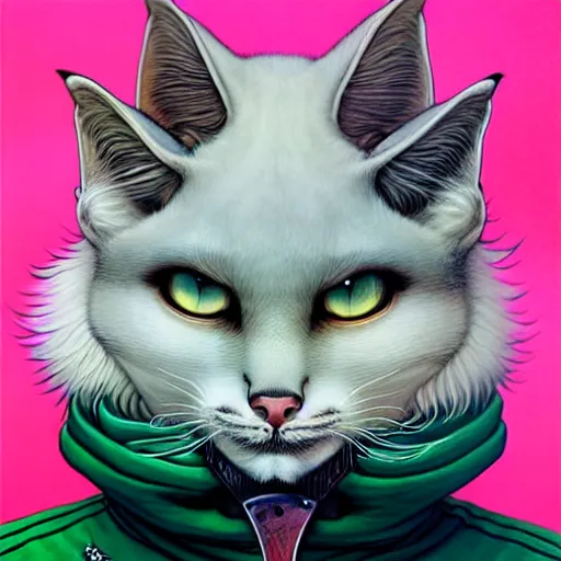 Image similar to portrait painting of a punk tabaxi bard with pure white fur, sharp focus, award - winning, trending on artstation, masterpiece, highly detailed, intricate. art by josan gonzales and moebius and deathburger