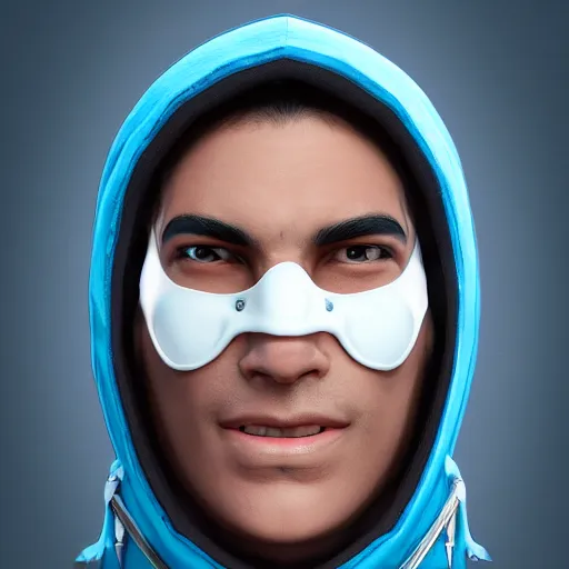 Image similar to a highly detailed, portrait of a man with black hair with a black medical mask, in a hood in the form of a blue shark with white teeth, artstation, DeviantArt, professional, octane render, digital art