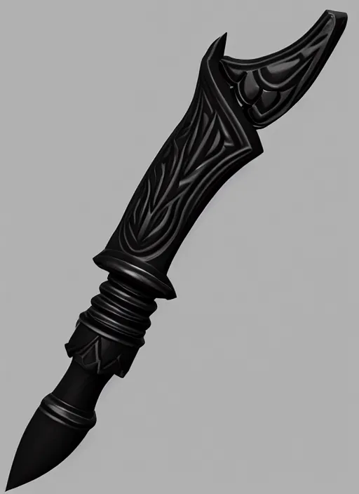 Prompt: a black long sword skull crest, orthographic, ornament, weapon, a 3 d render by dom qwek, front side views full, trending on polycount, artstation, hard surface modeling, rendered in maya, 3 ds max, blender, hd, vray, berserk guts