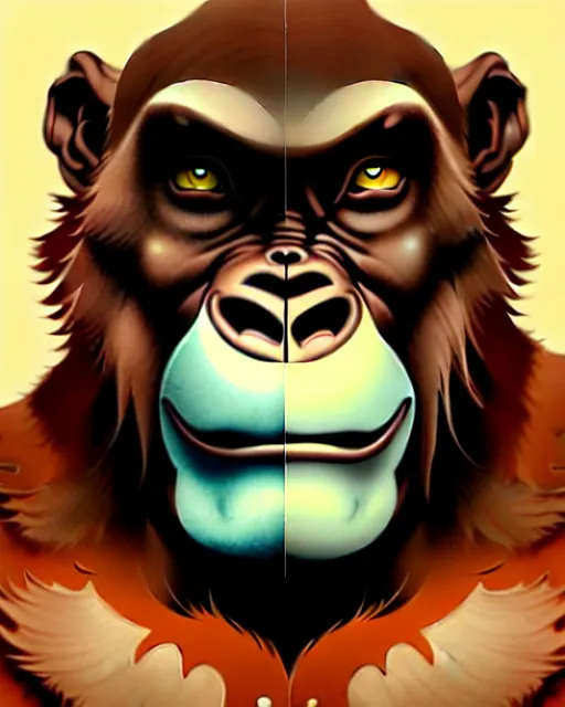 Prompt: don bluth, loish, artgerm, joshua middleton, steampunk, clockpunk anthropomorphic gorilla, brown suit, smiling, symmetrical eyes symmetrical face, colorful animation forest background