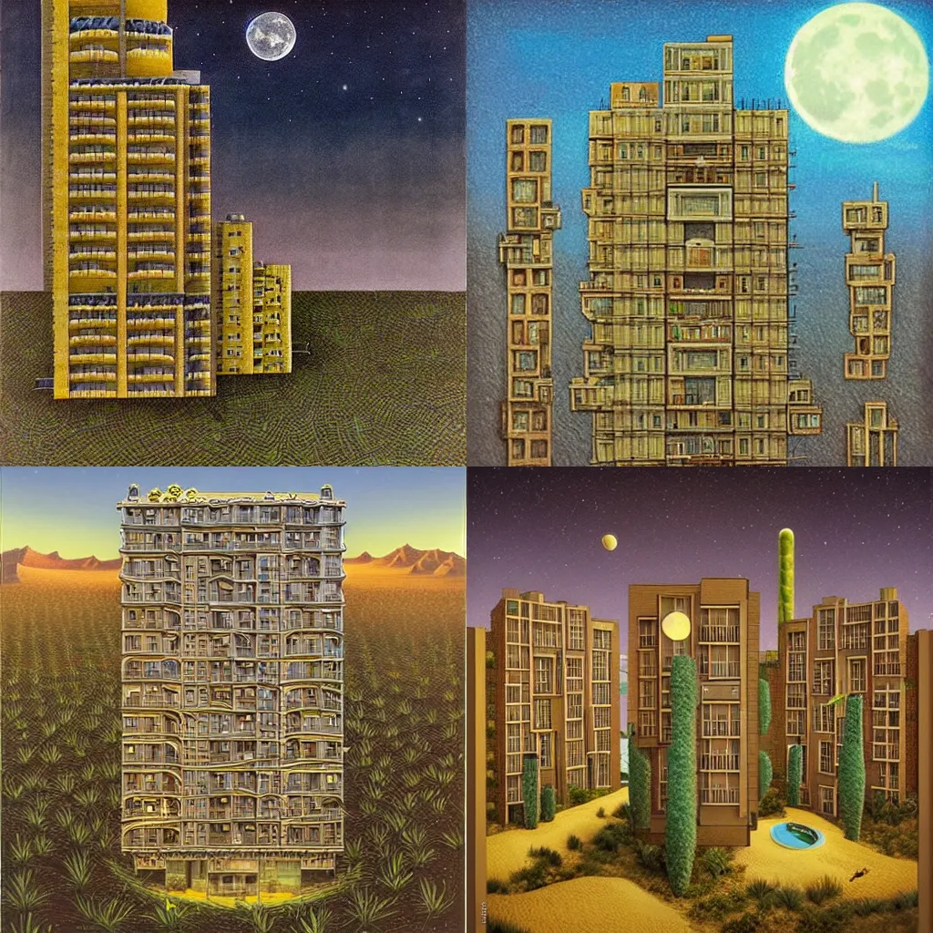 Prompt: a single apartment building flying above a desert oasis in a moonlit night in the style of jacek yerka