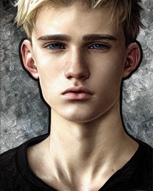 Image similar to portrait a 1 5 - year - old boy, with slender, white - blond hair, cold grey eyes, a pale complexion with sharp and pointed features, wearing black clothes, hyper realistic face, beautiful eyes, close up, fantasy art, in the style of greg rutkowski, intricate, alphonse mucha, hyper detailed, smooth