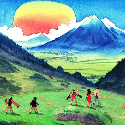 Prompt: friends playing frisbee on a mountain slope in a mountain valley with a scenic view of a valley with a river behind you can see horses and tractors in distance the sun rays are cutting through the white clouds, birds eye view, watercolor illustration by hayao miyazaki