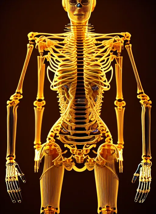 Image similar to full body rendering of a futuristic female golden mechanical skeleton with human face, wires, glowing internal light, hyperdetailed illustration by irakli nadar and alexandre ferra, intricate linework, faberge, intricate gold linework, dark atmosphere, unreal engine 5 highly rendered, global illumination, radiant light, detailed and intricate environment