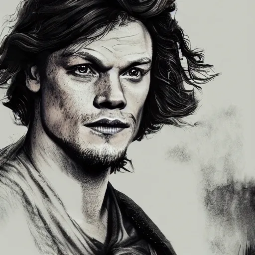 Image similar to Sam Heughan as Jamie Fraser, caricature portrait exaggerated by Sebastian Krüger and Bruno Tesse trending on artstation, hyperdetailed, perfect composition. Scotland background