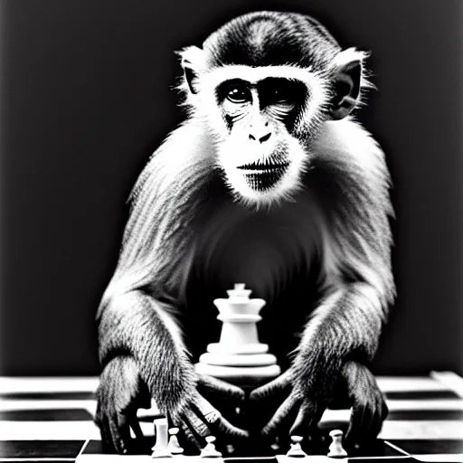 Image similar to black and white portrait photo of a monkey scratching his head, looking at a chess board, confused, annie liebovitz,